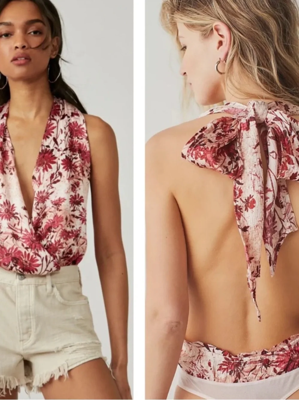 Free People There She Goes Floral Plunge Halter Top in Blush and Burgundy